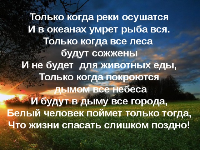 Только когда реки осушатся  И в океанах умрет рыба вся.  Только когда все леса будут сожжены  И не будет для животных еды,  Только когда покроются  дымом все небеса  И будут в дыму все города,  Белый человек поймет только тогда,  Что жизни спасать слишком поздно!   