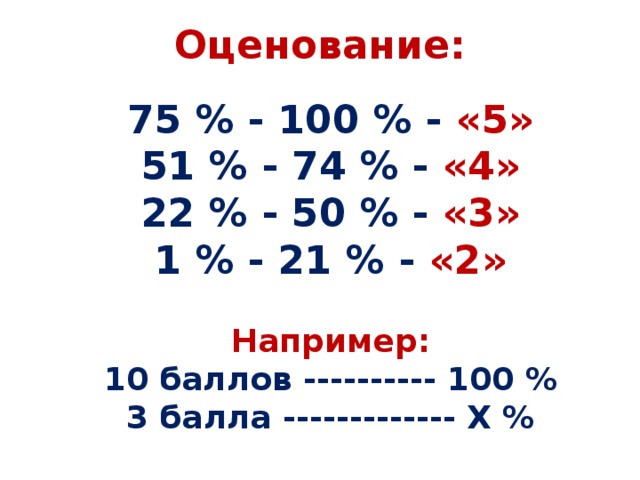 Оценование: 75 % - 100 % - «5»  51 % - 74 % - «4»  22 % - 50 % - «3»  1 % - 21 % - «2»  Например:  10 баллов ---------- 100 %  3 балла ------------- X %    