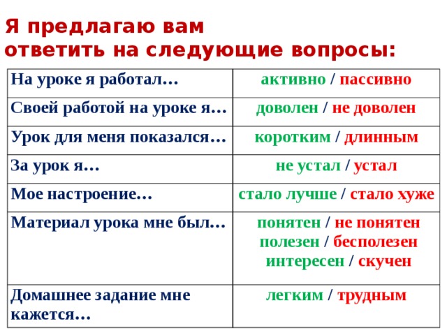       Я предлагаю вам  ответить на следующие вопросы:   На уроке я работал… активно / пассивно Своей работой на уроке я… доволен / не доволен Урок для меня показался… коротким / длинным За урок я… не устал / устал Мое настроение… стало лучше / стало хуже Материал урока мне был…    понятен / не понятен  полезен / бесполезен  интересен / скучен Домашнее задание мне кажется… легким / трудным 