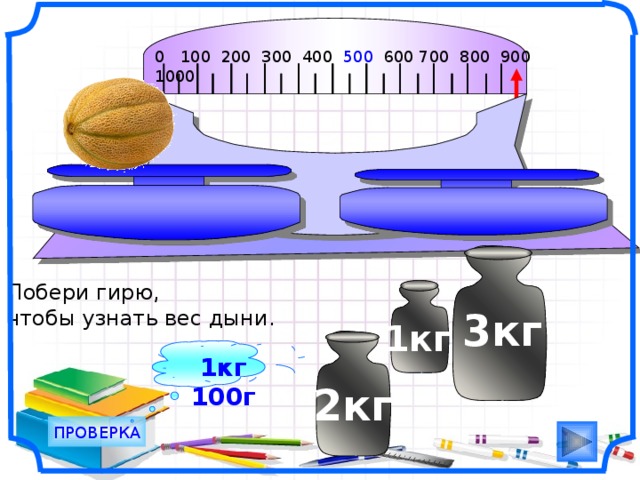 0 100 200 300 400 500 600 700 800 900 1000                                       Побери гирю, чтобы узнать вес дыни.  3кг Рисунки Савченко Е.М. 1кг 1кг 100г 2кг ПРОВЕРКА 