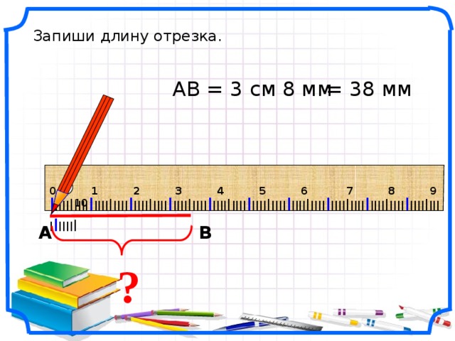 Запиши длину отрезка. = 38 мм АВ = 3 см 8 мм 0 1 2 3 4 5 6 7 8 9 10 I IIII I IIII I IIII I IIII I IIII I IIII I IIII I IIII I IIII I IIII I IIII I IIII I IIII I IIII I IIII I IIII I IIII I IIII I IIII I IIII I IIII I Рисунки Савченко Е.М. В А ? 