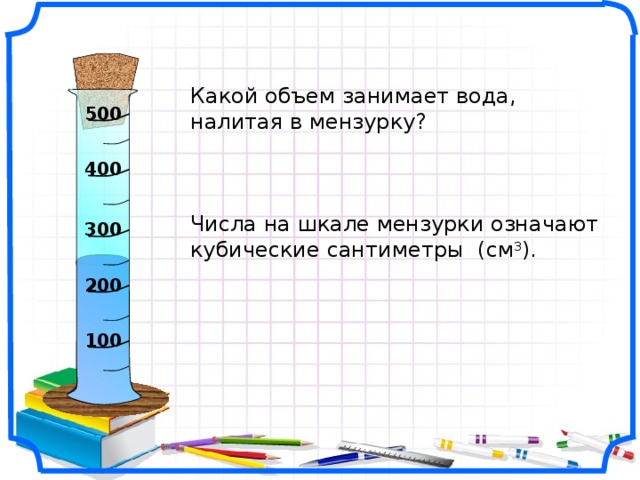 Какой объем занимает вода, налитая в мензурку? Числа на шкале мензурки означают кубические сантиметры (см 3 ). 500 400 300 200 Математика 6 класс. Виленкин Н.Я. № 1776. . Рисунки Савченко Е.М. 100 