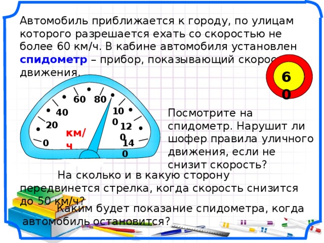 Автомобиль приближается к городу, по улицам которого разрешается ехать со скоростью не более 60 км/ч. В кабине автомобиля установлен спидометр – прибор, показывающий скорость движения. 60 60 80 100 Посмотрите на спидометр. Нарушит ли шофер правила уличного движения, если не снизит скорость? 40 20 120 км/ч 140 0 Математика 6 класс. Виленкин Н.Я. № 833. Рисунки Савченко Е.М.  На сколько и в какую сторону передвинется стрелка, когда скорость снизится до 50 км/ч?  Каким будет показание спидометра, когда автомобиль остановится? 