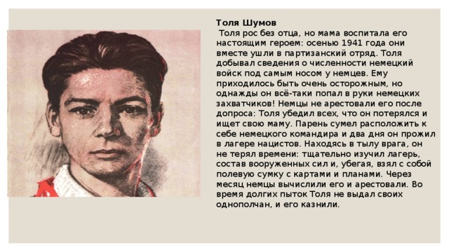 Толя Шумов  Толя рос без отца, но мама воспитала его настоящим героем: осенью 1941 года они вместе ушли в партизанский отряд. Толя добывал сведения о численности немецкий войск под самым носом у немцев. Ему приходилось быть очень осторожным, но однажды он всё-таки попал в руки немецких захватчиков! Немцы не арестовали его после допроса: Толя убедил всех, что он потерялся и ищет свою маму. Парень сумел расположить к себе немецкого командира и два дня он прожил в лагере нацистов. Находясь в тылу врага, он не терял времени: тщательно изучил лагерь, состав вооруженных сил и, убегая, взял с собой полевую сумку с картами и планами. Через месяц немцы вычислили его и арестовали. Во время долгих пыток Толя не выдал своих однополчан, и его казнили. 