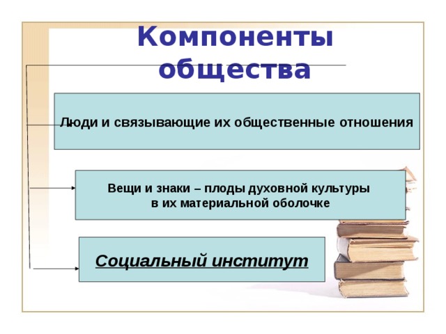 Компоненты общества   Люди и связывающие их общественные отношения Вещи и знаки – плоды духовной культуры в их материальной оболочке Социальный институт 6 
