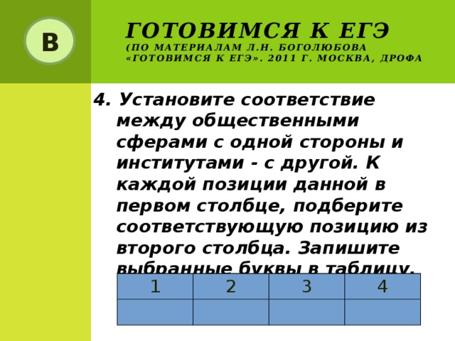 Готовимся к ЕГЭ  (по материалам Л.Н. Боголюбова «Готовимся к ЕГЭ». 2011 г. Москва, Дрофа В 4. Установите соответствие между общественными сферами с одной стороны и институтами - с другой. К каждой позиции данной в первом столбце, подберите соответствующую позицию из второго столбца. Запишите выбранные буквы в таблицу.  1 2 3 4 