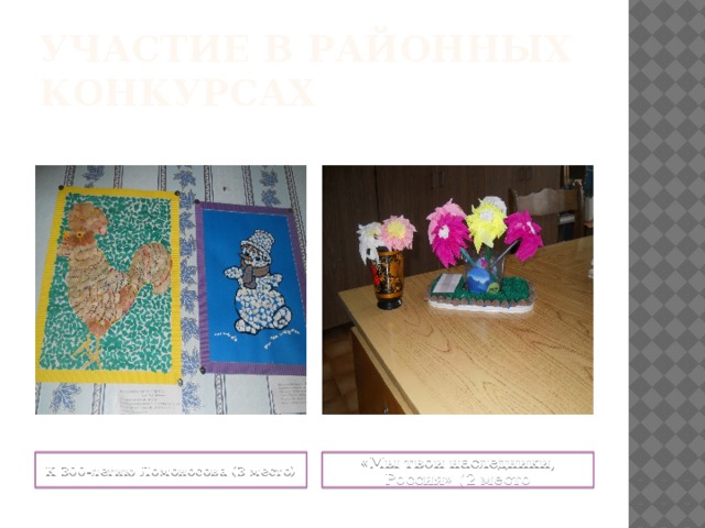 Участие в районных конкурсах К 300-летию Ломоносова (3 место) «Мы твои наследники, Россия» (2 место 
