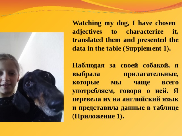 Watching my dog, I have chosen adjectives to characterize it, translated them and presented the data in the table (Supplement 1).  Наблюдая за своей собакой, я выбрала прилагательные, которые мы чаще всего употребляем, говоря о ней. Я перевела их на английский язык и представила данные в таблице (Приложение 1).  