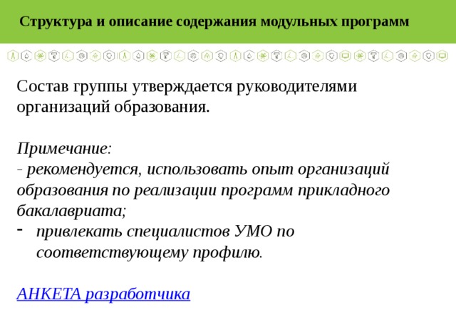 Структура и описание содержания модульных программ  Состав группы утверждается руководителями организаций образования.  Примечание: - рекомендуется, использовать опыт организаций образования по реализации программ прикладного бакалавриата; привлекать специалистов УМО по соответствующему профилю.  АНКЕТА разработчика 