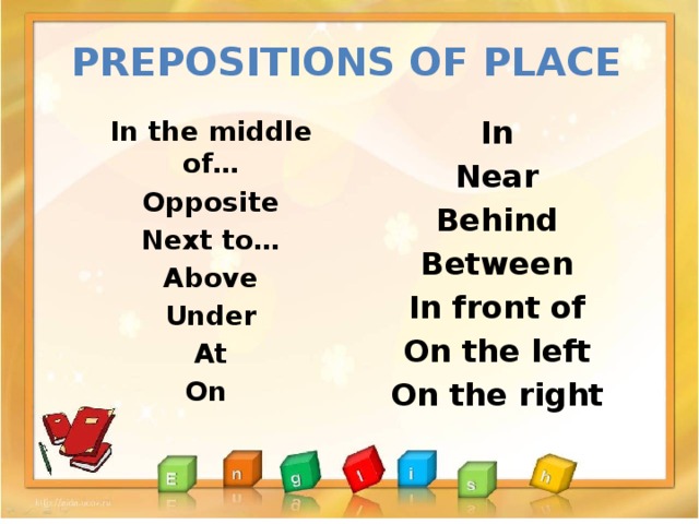 PREPOSITIONS OF PLACE In Near Behind Between In front of On the left On the right In the middle of… Opposite Next to… Above Under At On 