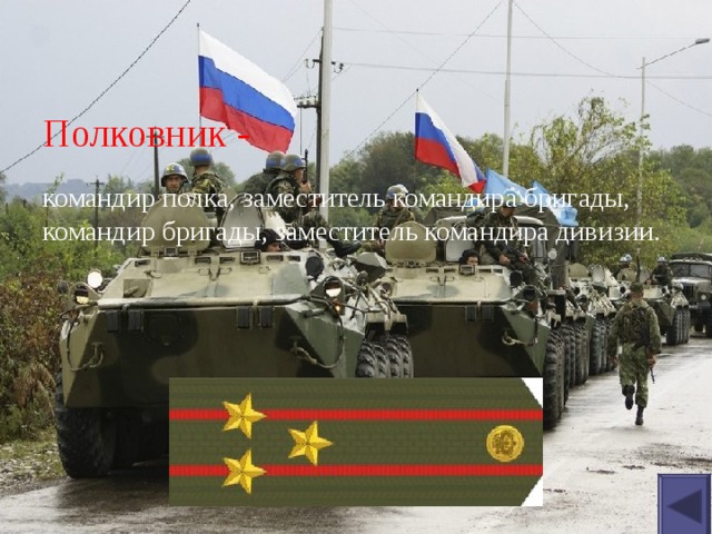 Полковник - командир полка, заместитель командира бригады, командир бригады, заместитель командира дивизии. 