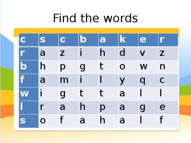 Find the words c r s a c b h f z b i a w a p l h i k g m r i d e s t g r t a v o l o y z h t w f p n q a a a c l h a l g e l f 