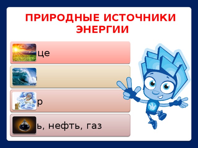 ПРИРОДНЫЕ ИСТОЧНИКИ ЭНЕРГИИ солнце вода ветер уголь, нефть, газ 