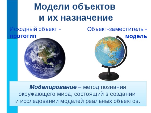 Модели объектов  и их назначение Исходный объект - прототип Объект-заместитель -  модель Моделирование  – метод познания окружающего мира, состоящий в создании  и исследовании моделей реальных объектов. 