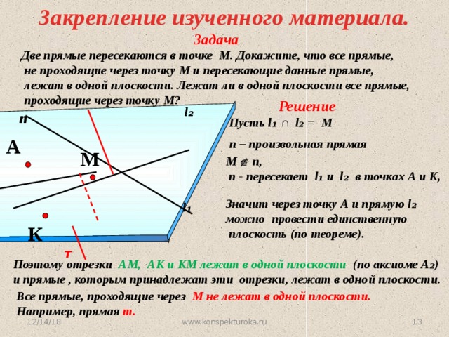 Закрепление изученного материала. Задача Две прямые пересекаются в точке М. Докажите, что все прямые,  не проходящие через точку М и пересекающие данные прямые,  лежат в одной плоскости. Лежат ли в одной плоскости все прямые,  проходящие через точку М? Решение l ₂ n Пусть l ₁ ∩ l₂ = M А  n – произвольная прямая M M  n,  n - пересекает l ₁ и l₂ в точках А и К, Значит через точку А и прямую l₂ можно провести единственную  плоскость (по теореме). l ₁  № 7. А. С. Атанасян К т Поэтому отрезки АМ, АК и КМ лежат в одной плоскости (по аксиоме А ₂) и прямые , которым принадлежат эти отрезки, лежат в одной плоскости. Все прямые, проходящие через М не лежат в одной плоскости. Например, прямая т. www.konspekturoka.ru 12/14/18 4 13 