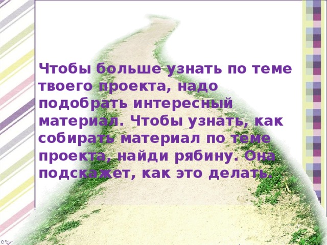 Чтобы больше узнать по теме твоего проекта, надо подобрать интересный материал. Чтобы узнать, как собирать материал по теме проекта, найди рябину. Она подскажет, как это делать. 