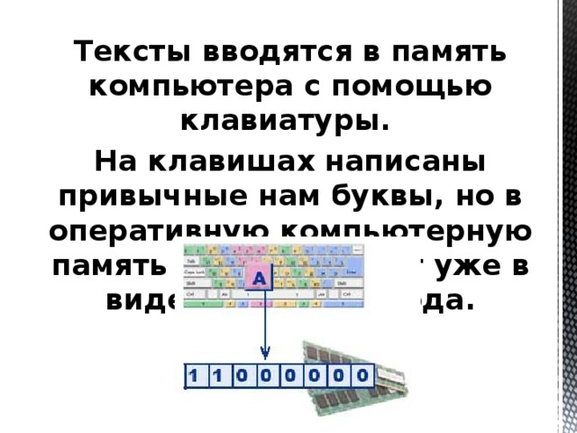 Тексты вводятся в память компьютера с помощью клавиатуры. На клавишах написаны привычные нам буквы, но в оперативную компьютерную память они попадают уже в виде двоичного кода.     