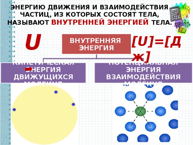 ЭНЕРГИЮ ДВИЖЕНИЯ И ВЗАИМОДЕЙСТВИЯ ЧАСТИЦ, ИЗ КОТОРЫХ СОСТОЯТ ТЕЛА, НАЗЫВАЮТ ВНУТРЕННЕЙ ЭНЕРГИЕЙ ТЕЛА. U - [U]=[Дж] ВНУТРЕННЯЯ ЭНЕРГИЯ КИНЕТИЧЕСКАЯ ЭНЕРГИЯ ДВИЖУЩИХСЯ МОЛЕКУЛ ПОТЕНЦИАЛЬНАЯ ЭНЕРГИЯ ВЗАИМОДЕЙСТВИЯ МОЛЕКУЛ 