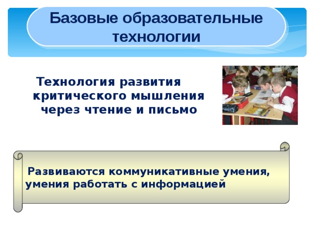 Базовые образовательные технологии Технология развития критического мышления через чтение и письмо  Развиваются коммуникативные умения, умения работать с информацией 