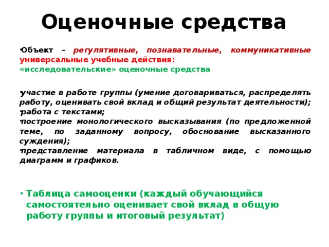 Оценочные средства Объект – регулятивные, познавательные, коммуникативные универсальные учебные действия: «исследовательские» оценочные средства участие в работе группы (умение договариваться, распределять работу, оценивать свой вклад и общий результат деятельности); работа с текстами; построение монологического высказывания (по предложенной теме, по заданному вопросу, обоснование высказанного суждения); представление материала в табличном виде, с помощью диаграмм и графиков. Таблица самооценки (каждый обучающийся самостоятельно оценивает свой вклад в общую работу группы и итоговый результат) 