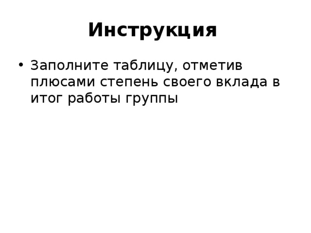 Инструкция  Заполните таблицу, отметив плюсами степень своего вклада в итог работы группы 
