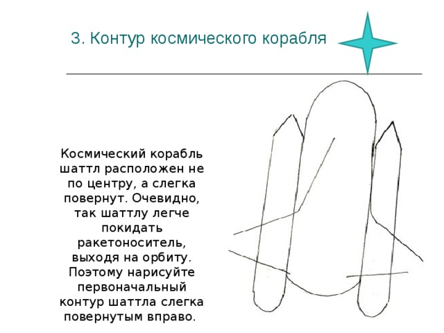 3. Контур космического корабля   Космический корабль шаттл расположен не по центру, а слегка повернут. Очевидно, так шаттлу легче покидать ракетоноситель, выходя на орбиту. Поэтому нарисуйте первоначальный контур шаттла слегка повернутым вправо.