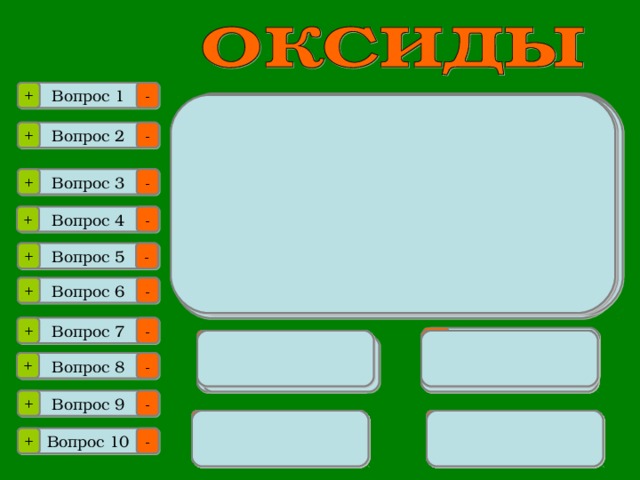 Вопрос 1 - + Гидроксиду железа  Fe(OH) 2 соответствует оксид : Ушакова Наталья Валерьевна Оксиду CI 2 O  соответствует гидроксид: Ушакова Наталья Валерьевна Ушакова Наталья Валерьевна Оксиды металлов  в степени окисления +1, +2 - это оксиды: Ушакова Наталья Валерьевна Ушакова Наталья Валерьевна Оксиды металлов в степени окисления +5,+6,+7: Ушакова Наталья Валерьевна Формула амфотерного оксида: Угарный газ – это …. Формула оксида: Ушакова Наталья Валерьевна Ушакова Наталья Валерьевна Степень окисления марганца  в оксиде MnO 2 равна: Сернистой кислоте H 2 SO 3  соответсвует  оксид: Ушакова Наталья Валерьевна Ушакова Наталья Валерьевна Формула амфотерного оксида: - + Вопрос 2 + Вопрос 3 - Вопрос 4 - + Вопрос 5 - + - Вопрос 6 + O3 + - Вопрос 7 Б H2CIO2  N2O А А Б HCIO  H2S Б  +2 А Б  H2S  CO Б  амфотерные  FeO CuO  Fe2O3 Б А  Na2O  +4 А А  SiO2 Б  А А  основные Б  SO3 А  CrO3 А Б  Na2O2 кислотные Б  основные + Вопрос 8 - Вопрос 9 - +  N2O ZnO Г В Г Г  FeO2  амфотерные В  несолеобразующие Г  Fe3O4 В Г  кислотные  CI2O3 В  PbO Г  HCIO3 В  HCIO2 Г H2O2 В  H2O В  несолеобразующие Г  SiO2 В  CO2 Г  +1 В +3  CO2 В  SO2 Г   + - Вопрос 10  
