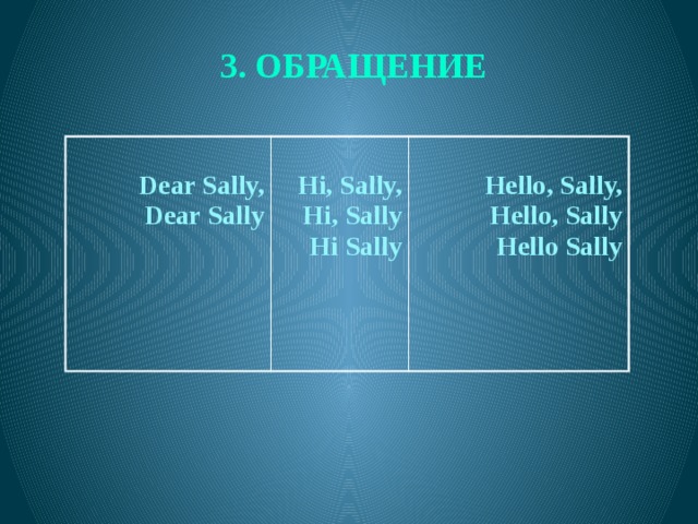 3. ОБРАЩЕНИЕ    Dear Sally, Hi, Sally, Dear Sally   Hi, Sally Hello, Sally, Hi Sally  Hello, Sally Hello Sally  