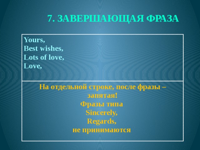 7. ЗАВЕРШАЮЩАЯ ФРАЗА  Yours, Best wishes, На отдельной строке, после фразы – запятая! Lots of love, Фразы типа Love, Sincerely,  Regards, не принимаются  
