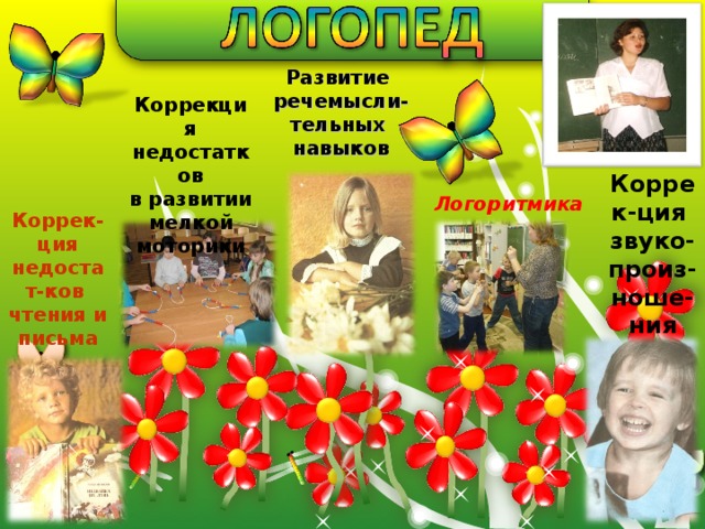 Развитие речемысли- тельных навыков Коррекция недостатков в развитии мелкой моторики Коррек-ция звуко-произ-ноше-ния Логоритмика Коррек-ция недостат-ков чтения и письма 