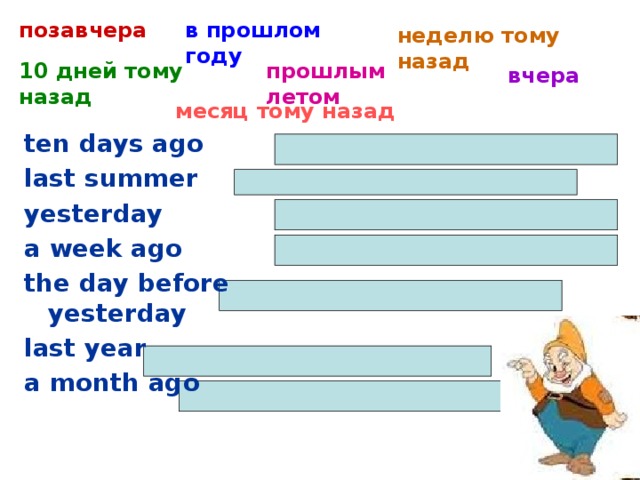 позавчера в прошлом году неделю тому назад прошлым летом 10 дней тому назад вчера месяц тому назад ten days ago last summer yesterday a week ago the day before yesterday last year a month ago 