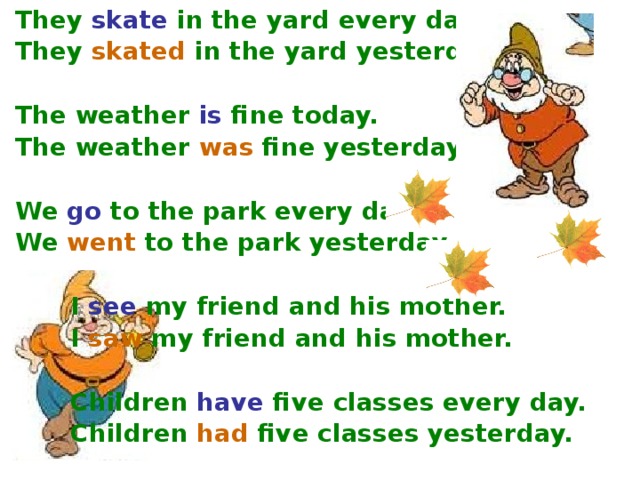  They  skate  in the yard every day.  They  skated  in the yard yesterday.   The weather  is fine today.  The weather  was fine yesterday.   We  go  to the park every day.  We  went  to the park yesterday.    I  see  my friend and his mother.   I  saw  my friend and his mother.    Children  have  five classes every day.   Children had  five classes yesterday. 