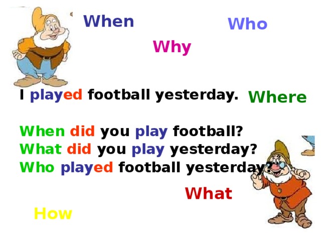 When Who Why   I play ed football yesterday.  When  did you play football? What  did you play yesterday? Who  play ed football yesterday?  Where What How 
