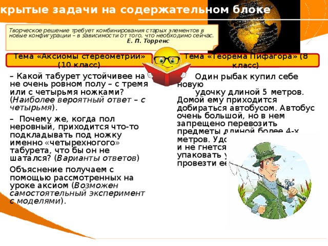 Открытые задачи на содержательном блоке   Творческое решение требует комбинирования старых элементов в новые конфигурации – в зависимости от того, что необходимо сейчас.      Е. П. Торренс  Тема «Аксиомы стереометрии» (10 класс) Тема «Теорема Пифагора» (8 класс) – Какой табурет устойчивее на не очень ровном полу – с тремя или с четырьмя ножками? ( Наиболее вероятный ответ – с четырьмя ). – Почему же, когда пол неровный, приходится что-то подкладывать под ножку именно «четырехногого» табурета, что бы он не шатался? ( Варианты ответов ) Объяснение получаем с помощью рассмотренных на уроке аксиом ( Возможен самостоятельный эксперимент с моделями ).  Один рыбак купил себе новую  удочку длиной 5 метров. Домой ему приходится добираться автобусом. Автобус очень большой, но в нем запрещено перевозить предметы длиной более 4-х метров. Удочка не разбирается и не гнется. Как можно упаковать удочку, чтобы провезти ее в автобусе? 