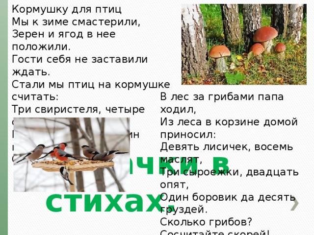Кормушку для птиц  Мы к зиме смастерили,  Зерен и ягод в нее положили.  Гости себя не заставили ждать.  Стали мы птиц на кормушке считать:  Три свиристеля, четыре синицы,  Пять снегирей да один воробей.  Сколько всех птиц?  Отвечайте скорей. В лес за грибами папа ходил,  Из леса в корзине домой приносил:  Девять лисичек, восемь маслят,  Три сыроежки, двадцать опят,  Один боровик да десять груздей.  Сколько грибов? Сосчитайте скорей! Задачки в стихах. 