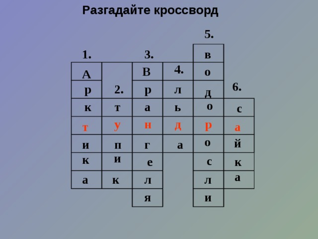 Разгадайте кроссворд 5. 3. 1. в 4. В о А 6. р р л 2. д о ь а к т с у н д р а т о й и а г п и к с е к а л к а л и я 