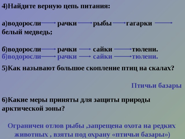 4)Найдите верную цепь питания:  а)водоросли рачки рыбы гагарки белый медведь; б)водоросли рачки сайки тюлени. б)водоросли рачки сайки тюлени. 5)Как называют большое скопление птиц на скалах?         Птичьи базары 6)Какие меры приняты для защиты природы арктической зоны?  Ограничен отлов рыбы ,запрещена охота на редких животных , взяты под охрану «птичьи базары») 