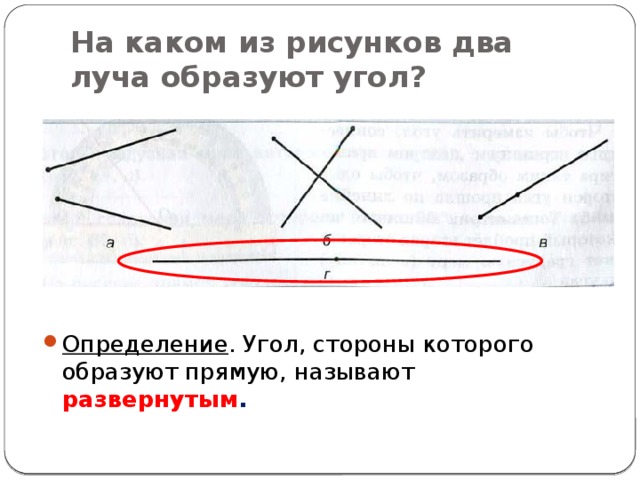 На каком из рисунков два луча образуют угол? Определение . Угол, стороны которого образуют прямую, называют развернутым . 