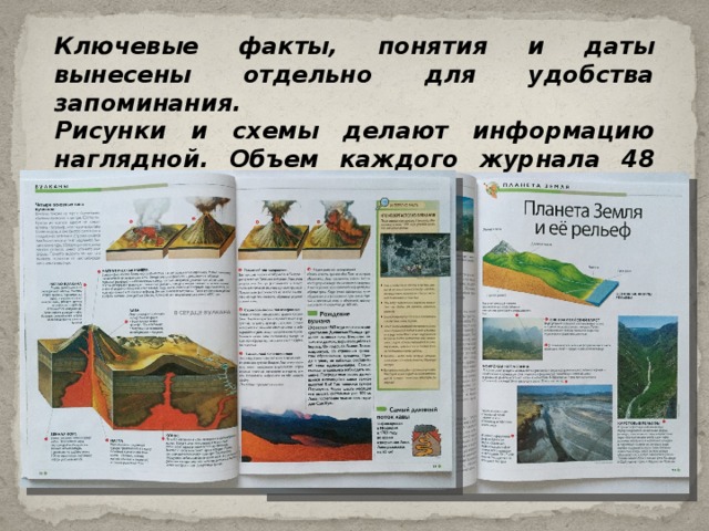 Ключевые факты, понятия и даты вынесены отдельно для удобства запоминания.  Рисунки и схемы делают информацию наглядной. Объем каждого журнала 48 страниц. 