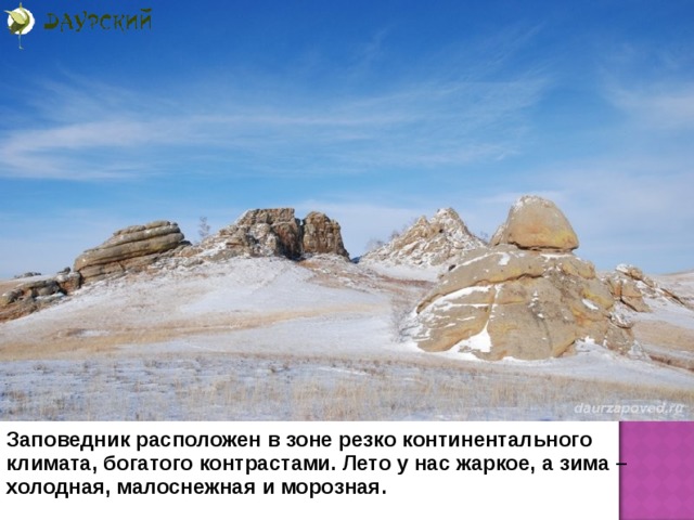 Заповедник расположен в зоне резко континентального климата, богатого контрастами. Лето у нас жаркое, а зима – холодная, малоснежная и морозная.  