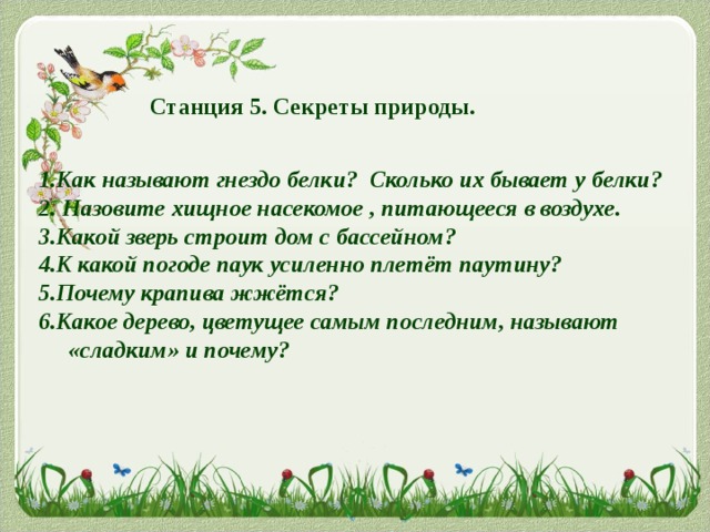 Станция 5. Секреты природы.  1.Как называют гнездо белки? Сколько их бывает у белки? 2. Назовите хищное насекомое , питающееся в воздухе. 3.Какой зверь строит дом с бассейном? 4.К какой погоде паук усиленно плетёт паутину? 5.Почему крапива жжётся? 6.Какое дерево, цветущее самым последним, называют  «сладким» и почему?  