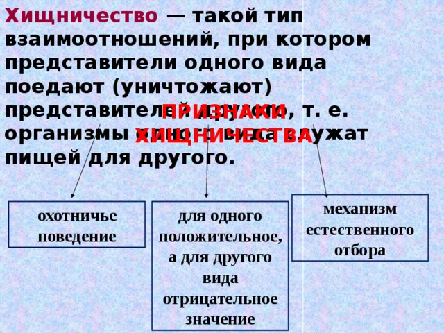 Хищничество — такой тип взаимоотношений, при котором представители одного вида поедают (уничтожают) представителей другого, т. е. организмы одного вида служат пищей для другого. ПРИЗНАКИ ХИЩНИЧЕСТВА механизм естественного отбора охотничье поведение для одного положительное, а для другого вида отрицательное значение 