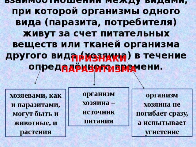 Паразитизм — это форма взаимоотношений между видами, при которой организмы одного вида (паразита, потребителя) живут за счет питательных веществ или тканей организма другого вида (хозяина) в течение определённого времени. ПРИЗНАКИ ПАРАЗИТИЗМА организм хозяина – источник питания организм хозяина не погибает сразу, а испытывает угнетение хозяевами, как и паразитами, могут быть и животные, и растения 