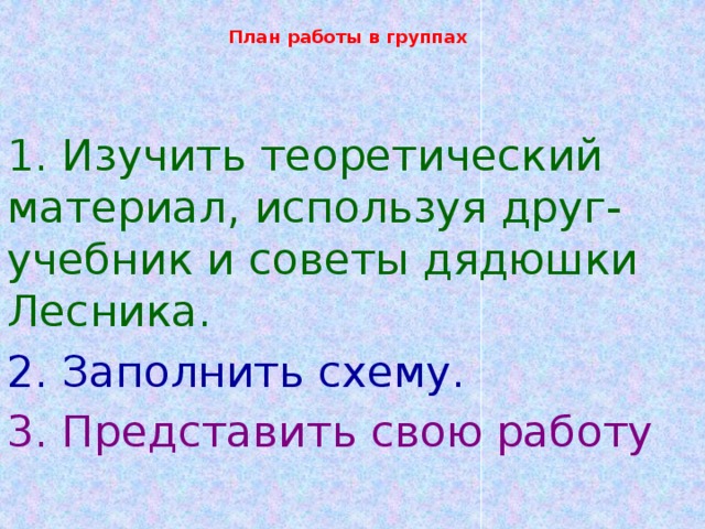  План работы в группах 1. Изучить теоретический материал, используя друг-учебник и советы дядюшки Лесника. 2. Заполнить схему. 3. Представить свою работу 