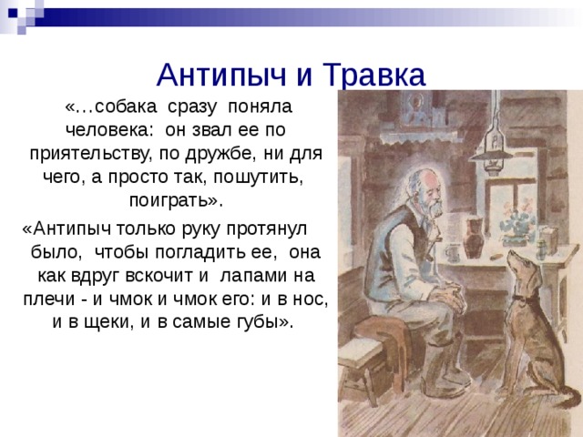 Антипыч и Травка  «…собака сразу поняла человека: он звал ее по приятельству, по дружбе, ни для чего, а просто так, пошутить, поиграть». «Антипыч только руку протянул было, чтобы погладить ее, она как вдруг вскочит и лапами на плечи - и чмок и чмок его: и в нос, и в щеки, и в самые губы». 