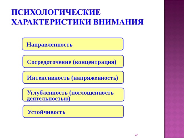 Направленность Сосредоточение (концентрация) Интенсивность (напряженность) Углубленность (поглощенность деятельностью) Устойчивость 22 