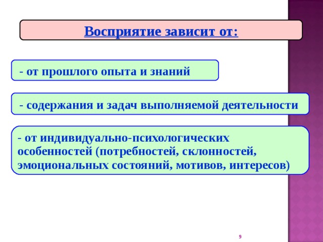 Восприятие зависит от: - от прошлого опыта и знаний - содержания и задач выполняемой деятельности - от индивидуально-психологических особенностей (потребностей, склонностей, эмоциональных состояний, мотивов, интересов)  