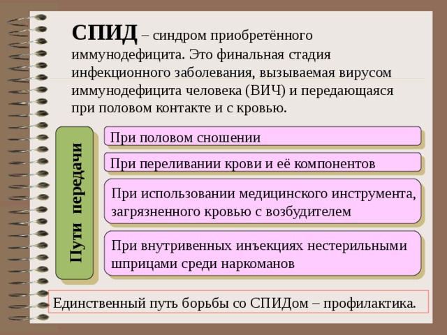 Пути передачи СПИД При внутривенных инъекциях нестерильными шприцами среди наркоманов 