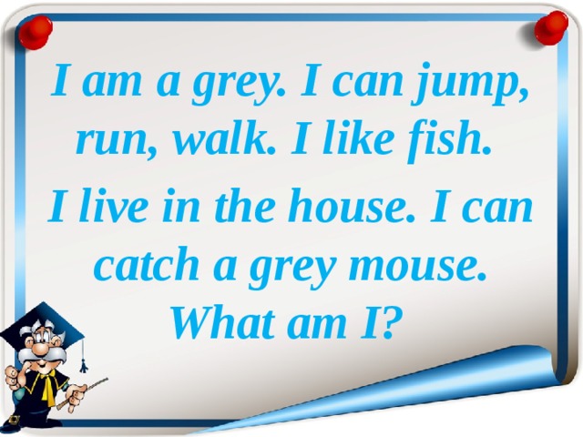 I am a grey. I can jump, run, walk. I like fish. I live in the house. I can catch a grey mouse. What am I? 