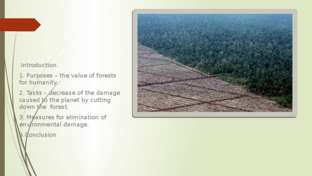  Introduction. 1. Purposes – the value of forests for humanity. 2. Tasks – decrease of the damage caused to the planet by cutting down the forest. 3. Measures for elimination of environmental damage. 4.Conclusion 